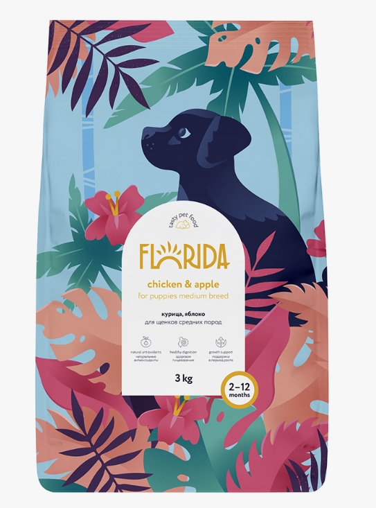 Сухой корм для щенков средних пород с курицей и яблоком,  Medium Puppy Chicken FLORIDA 3кг