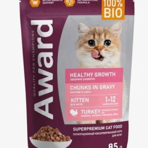 Влажный корм AWARD Healthy growth для котят от 1 месяца кусочки в соусе с индейкой 85г