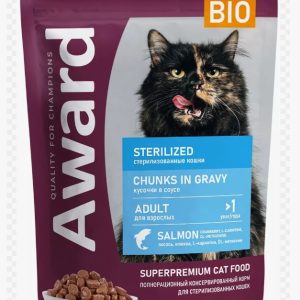 Влажный корм AWARD Sterilized для взрослых стерилизованных кошек кусочки в соусе с лососем 85г