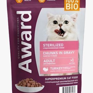 Влажный корм AWARD Sterilized для взрослых стерилизованных кошек кусочки в соусе с индейкой 85г