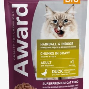 Влажный корм AWARD для выведения шерсти у взрослых домашних кошек кусочки в соусе с уткой 85г