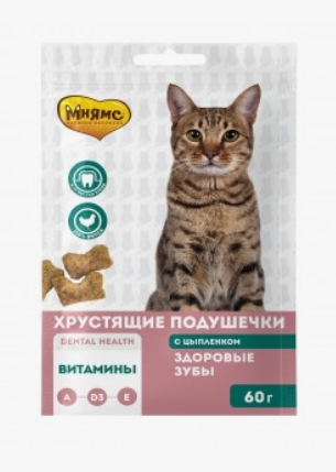 Лакомство Мнямс "Здоровые зубы" хрустящие подушечки для кошек с цыпленком 60 г.