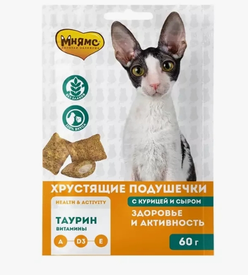 Лакомство Мнямс "Здоровье и активность" хрустящие подушечки для кошек с курицей 60 г.