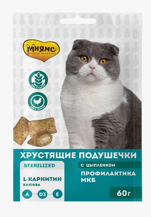 Лакомство Мнямс Хрустящие подушечки для стерил кошек с цыпленком и клюквой "Профилактика МКБ" 60 г.