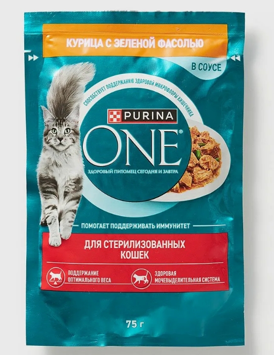 Пурина One корм д/стерил. кошек Курица/Зеленая фасолью 75г 12455692