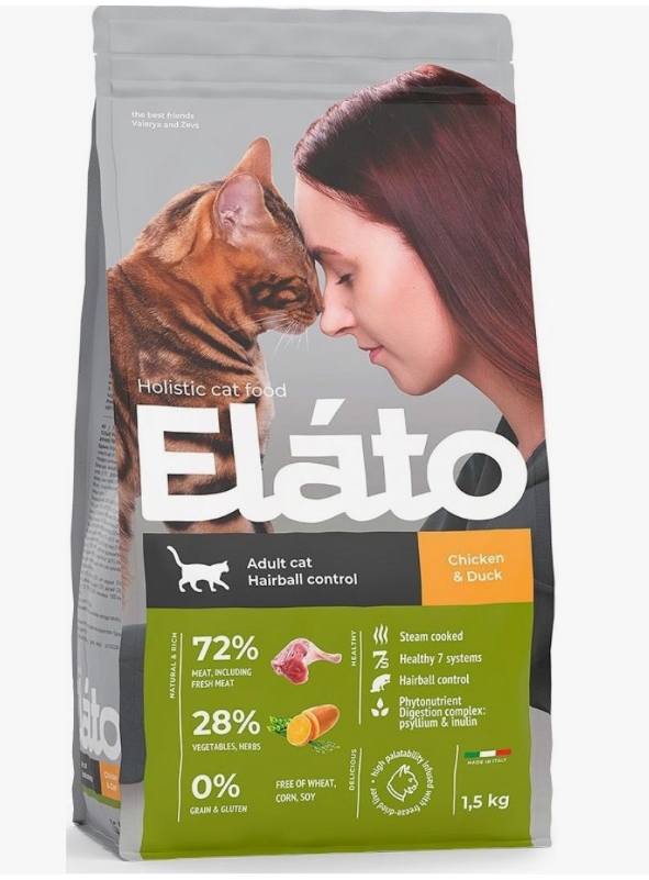 Elato Holistic корм д/взрослых кошек для выведения шерсти 1,5кг Курица и утка (Adult Cat Chicken & D