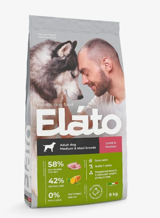 Elato Holistic корм д/взрослых собак средних и крупных пород 8кг Ягненок и оленина (Adult Dog Medium
