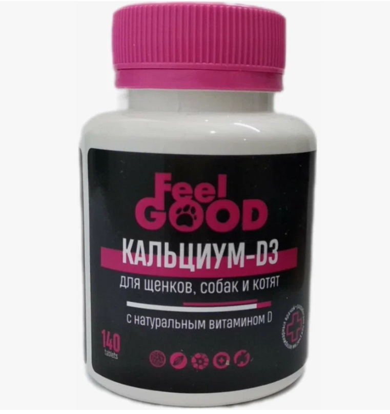 FeelGOOD Кальциум-D3 с натуральным витамином D для щенков, собак и котят, 140 табл.