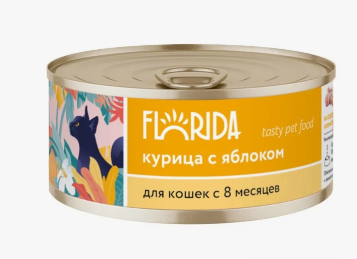 Корм консервированный полнорационный для взрослых кошек из курицы с яблоком 22ел16 0.1 кг (FLORIDA к