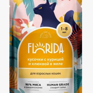 Паучи для взрослых кошек: кусочки с курицей и клюквой в желе 0.085 кг (FLORIDA паучи Флорида)