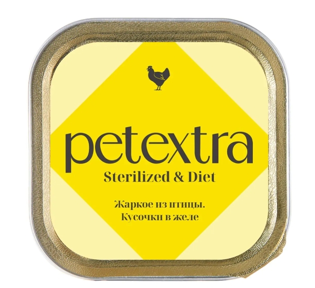 Корм влажный д/взрослых стер. кошек PETEXTRA Жаркое из птицы 100г, ламистер