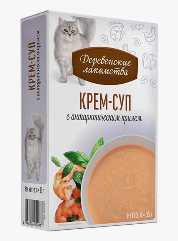 Лакомства Деревенские д/кошек крем-суп с антарктическим крилем 35г (пауч) №4