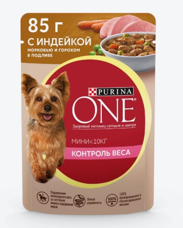 Пурина One Мини корм д/собак контроль веса Индейка/Морковь/Горох 85г 12453959