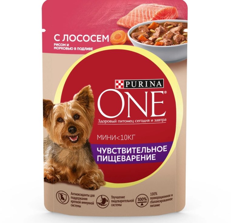 Пурина One Мини корм д/собак с чувств. пищеварением Лосось/Рис/Морковь 85г 12453990